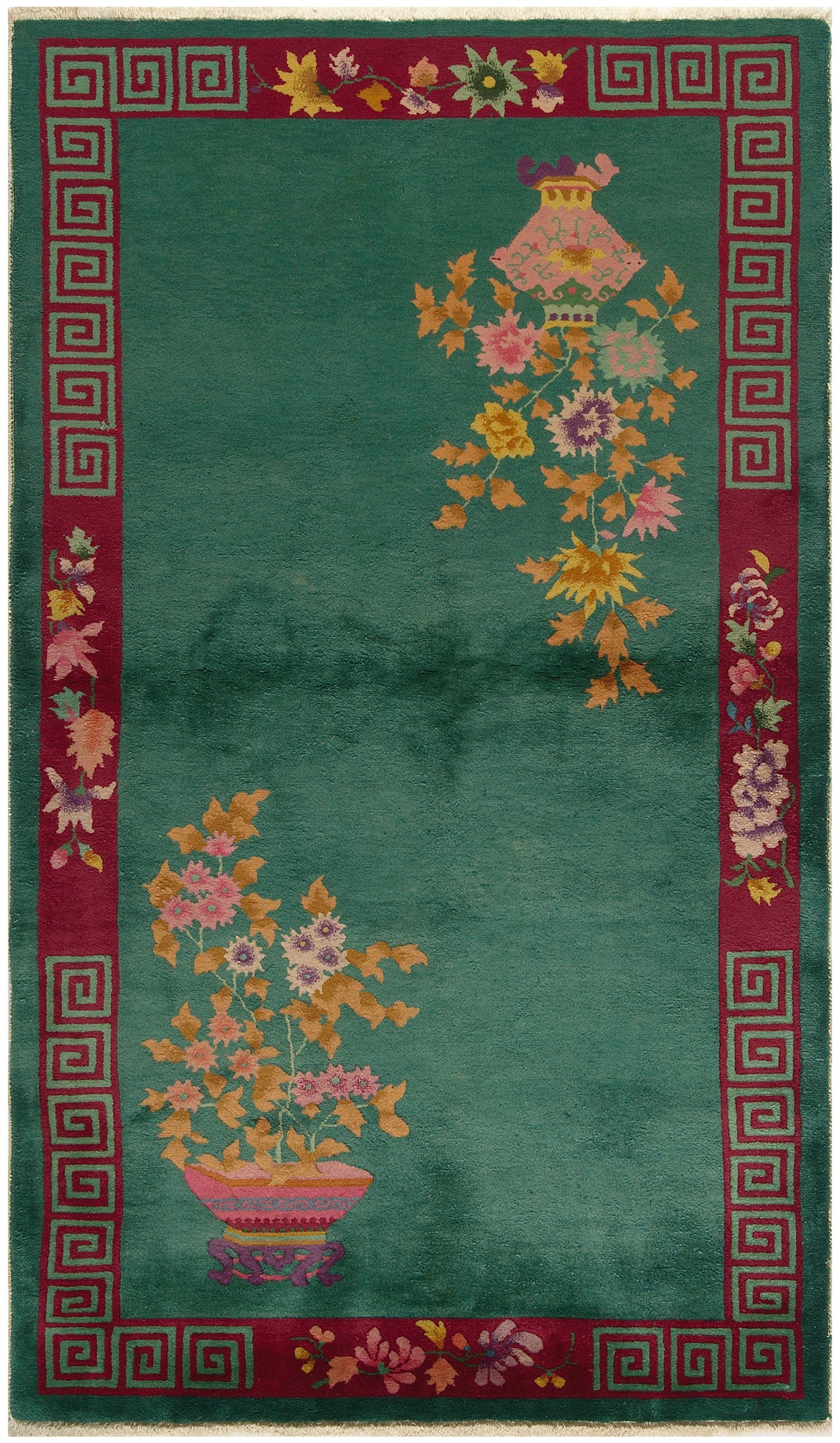 7'x4' Green and Red Floral Vintage Chinese Art Deco Rug