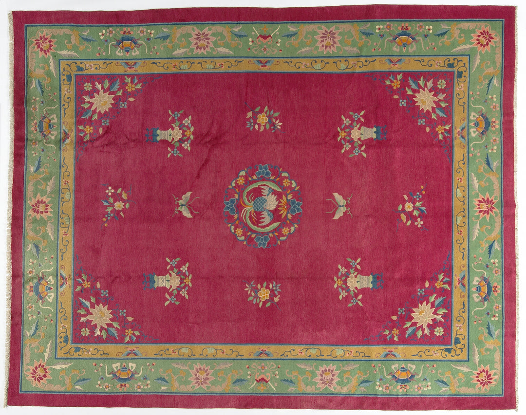 10'x13' Vintage Chinese Art Deco Rug | Pink & Green Large Size Rug