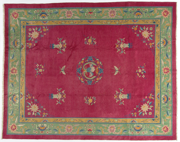10'x13' Vintage Chinese Art Deco Rug | Pink & Green Large Size Rug