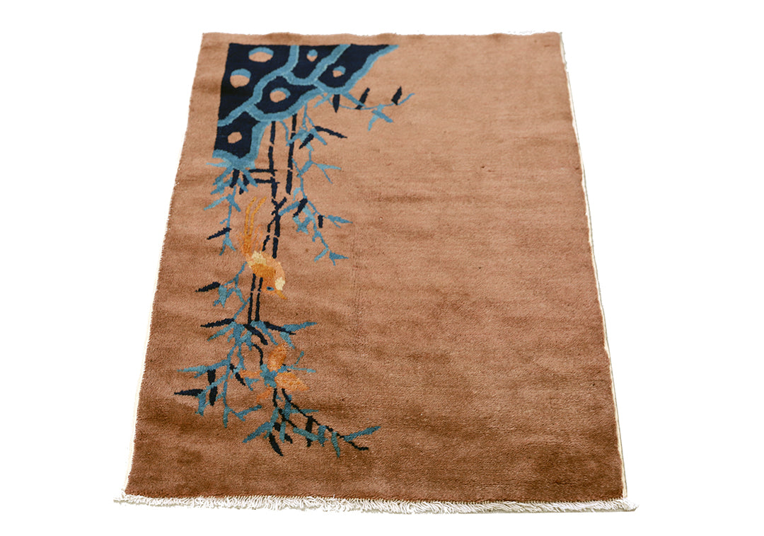 2'x3' Small Brown & Blue Floral Chinese Art Deco Rug