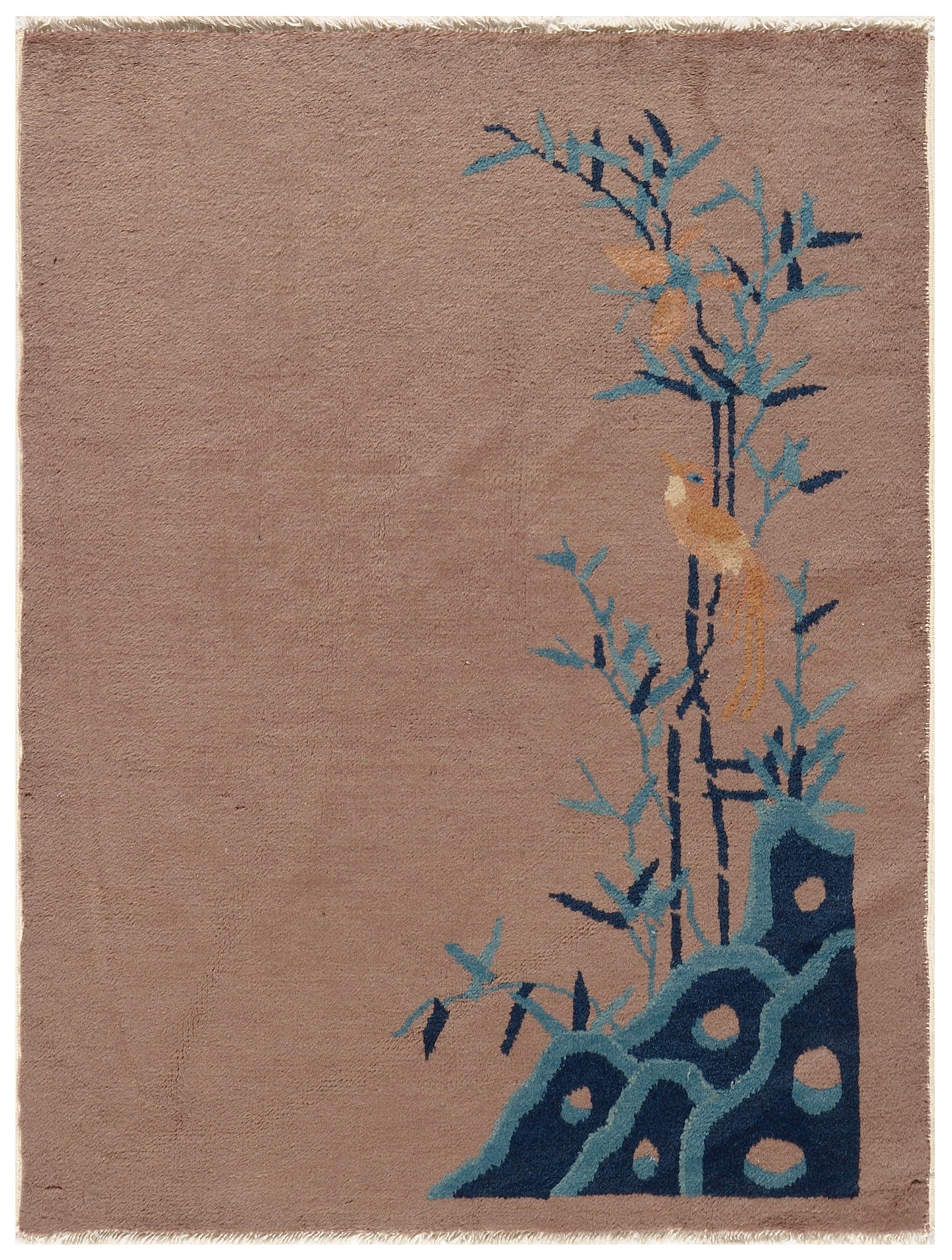 2'x3' Brown and Blue Floral Chinese Art Deco Rug