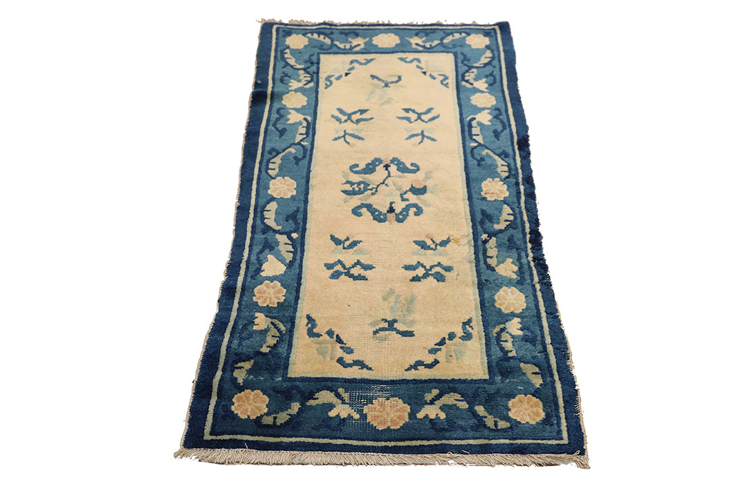 2'x4' Antique Chinese Peking Rug | Blue & Beige Floral