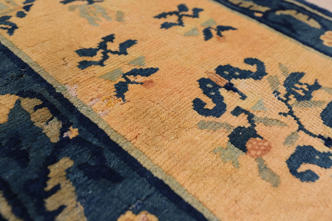 2'x4' Antique Chinese Peking Rug | Blue & Beige Floral