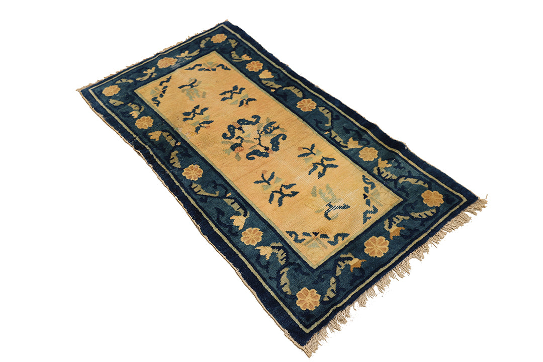 2'x4' Antique Chinese Peking Rug | Blue & Beige Floral