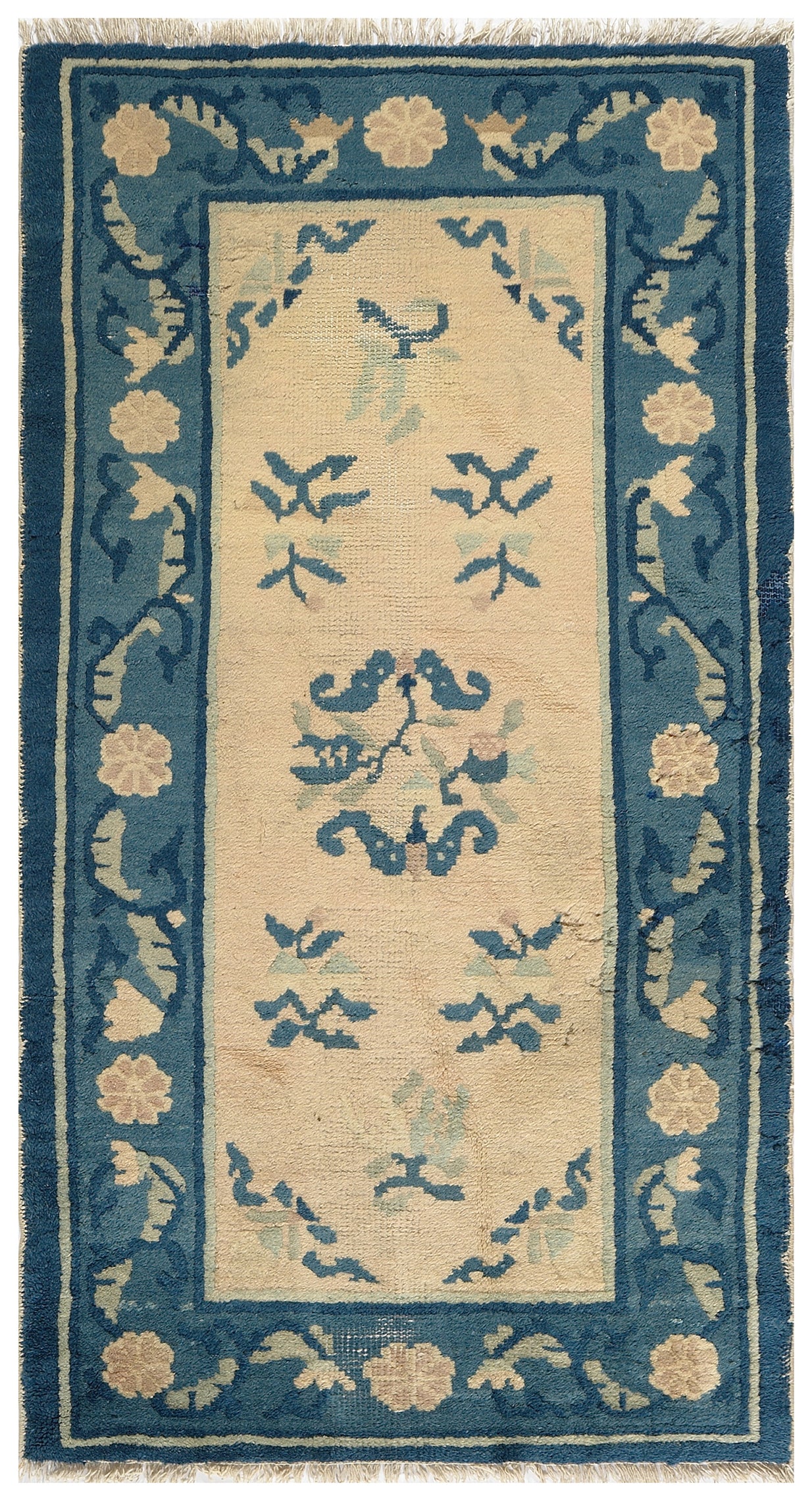 2'x4' Blue and Beige Floral Chinese Art Deco Rug