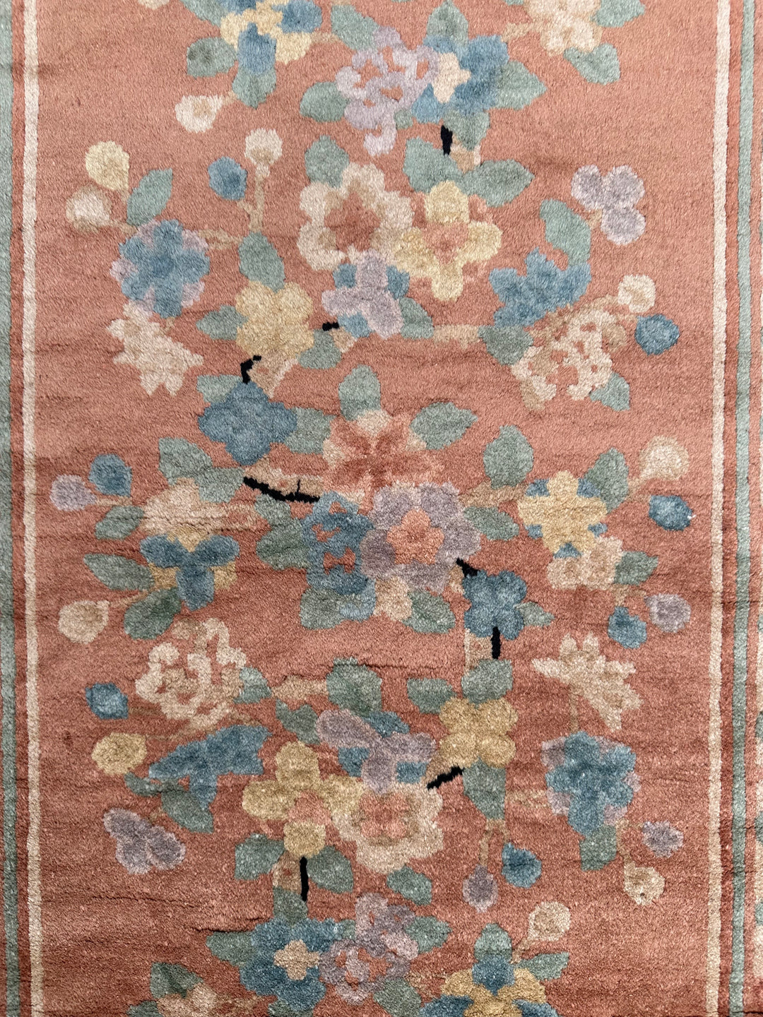 3'x5' Black and Peach Apricot Floral Vintage Chinese Art Deco Rug