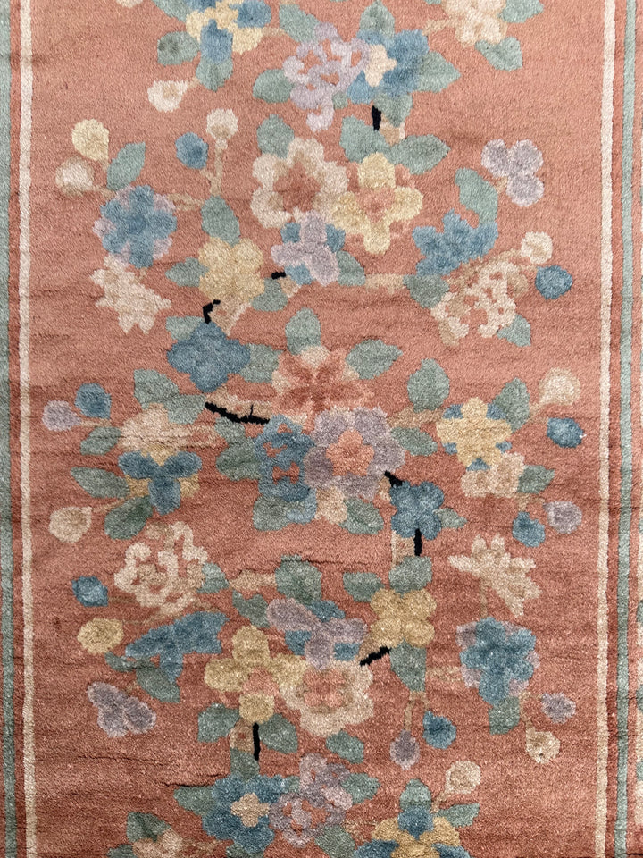 3'x5' Black and Peach Apricot Floral Vintage Chinese Art Deco Rug