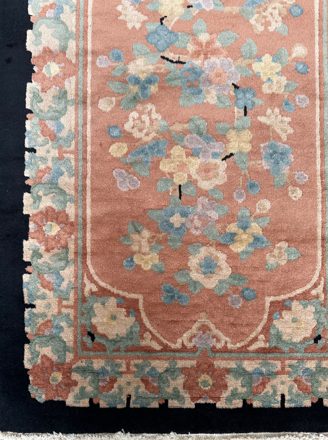 3'x5' Black and Peach Apricot Floral Vintage Chinese Art Deco Rug