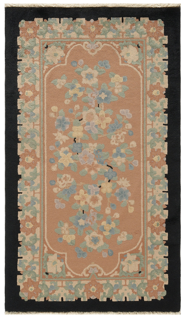 3'x5' Black and Peach Apricot Floral Vintage Chinese Art Deco Rug