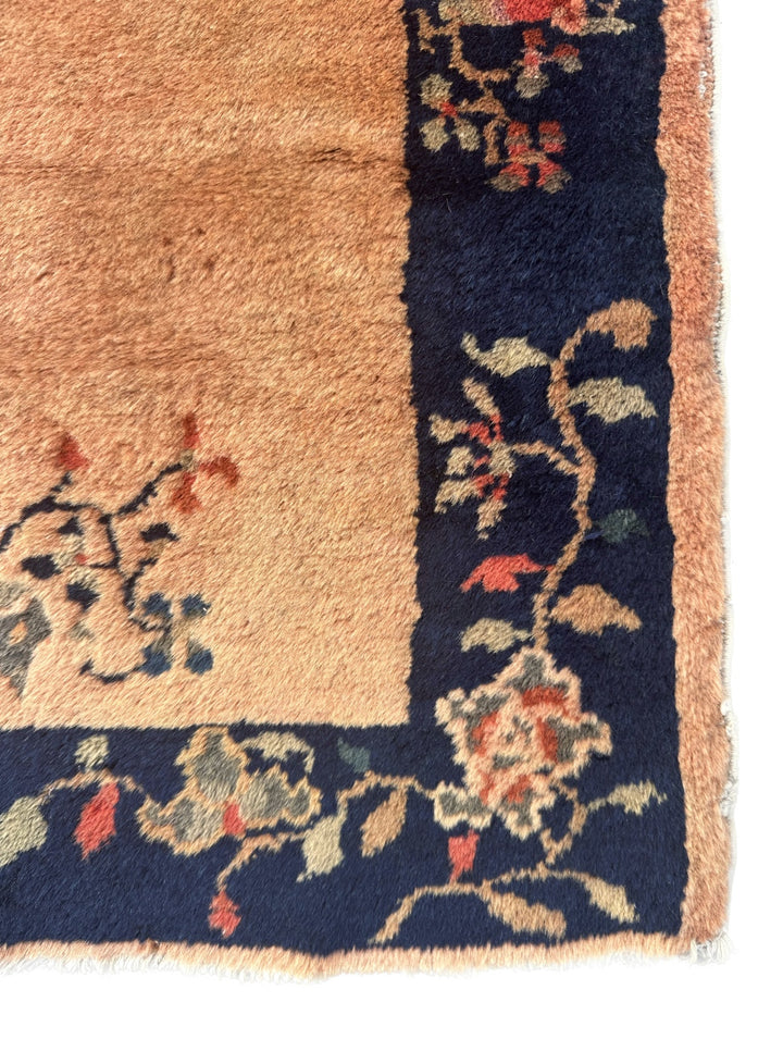 2'x4' Brown and Navy Floral Chinese Art Deco Wool Rug