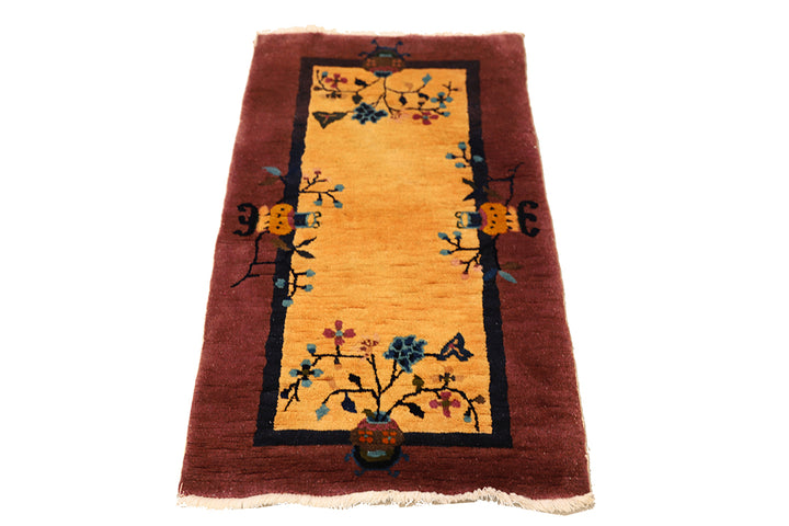 2'x4' Vintage Art Deco Rug | Small Beige & Mauve Floral