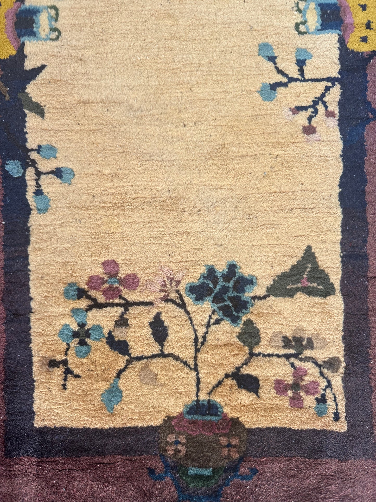 2'x4' Beige and Mauve Floral Vintage Chinese Art Deco Rug