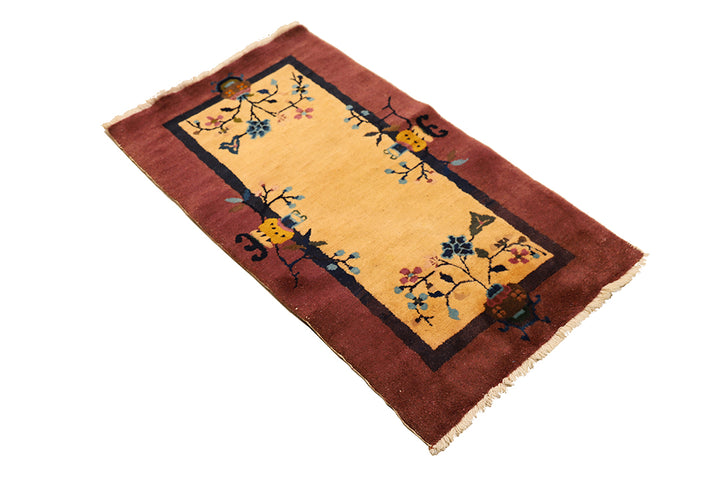 2'x4' Vintage Art Deco Rug | Small Beige & Mauve Floral
