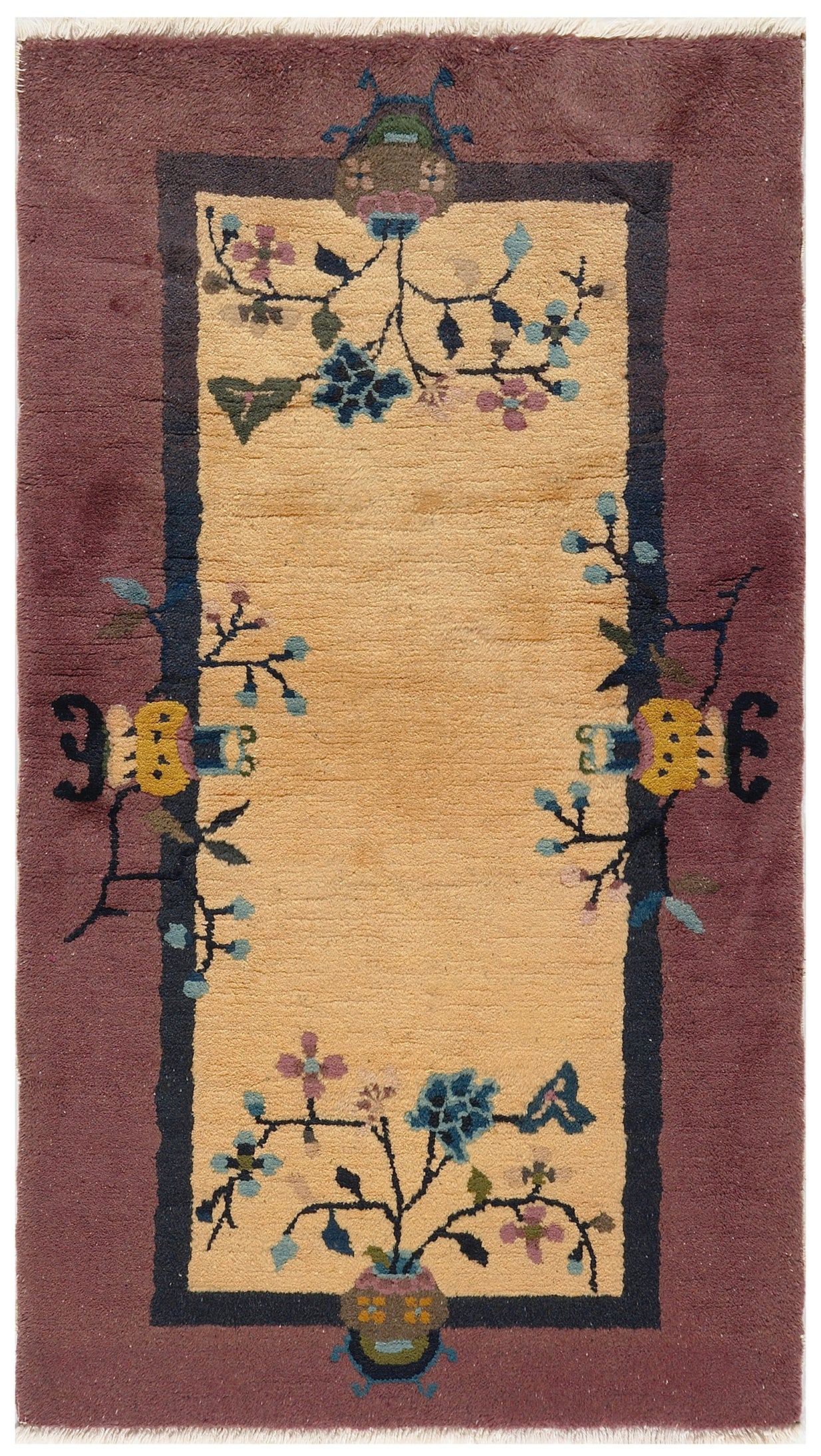 2'x4' Beige and Mauve Floral Vintage Chinese Art Deco Rug