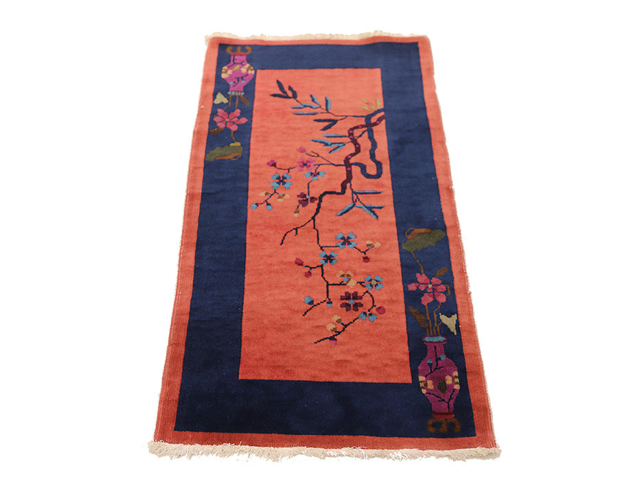 2'x4' Red and Navy Blue Floral Chinese Art Deco Rug
