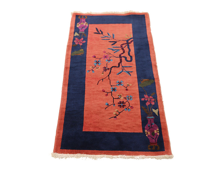 2'x4' Red and Navy Blue Floral Chinese Art Deco Rug