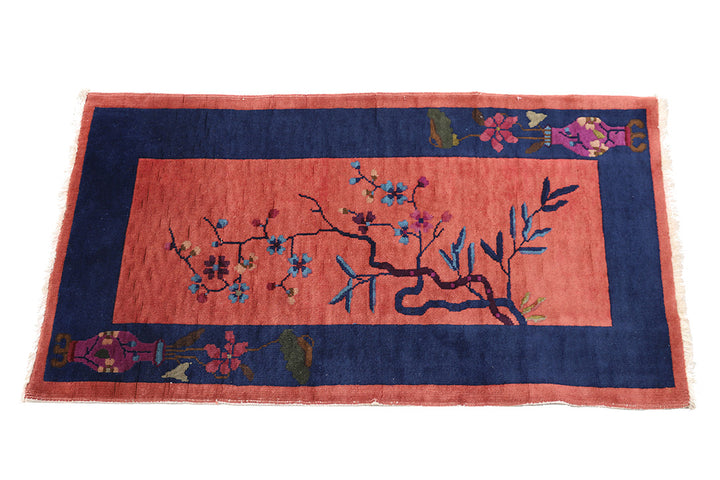 2'x4' Red and Navy Blue Floral Chinese Art Deco Rug