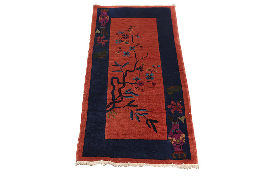 2'x4' Red and Navy Blue Floral Chinese Art Deco Rug