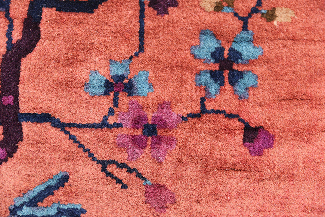 2'x4' Red and Navy Blue Floral Chinese Art Deco Rug