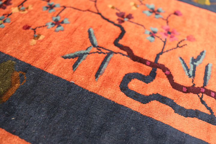 2'x4' Red and Navy Blue Floral Chinese Art Deco Rug