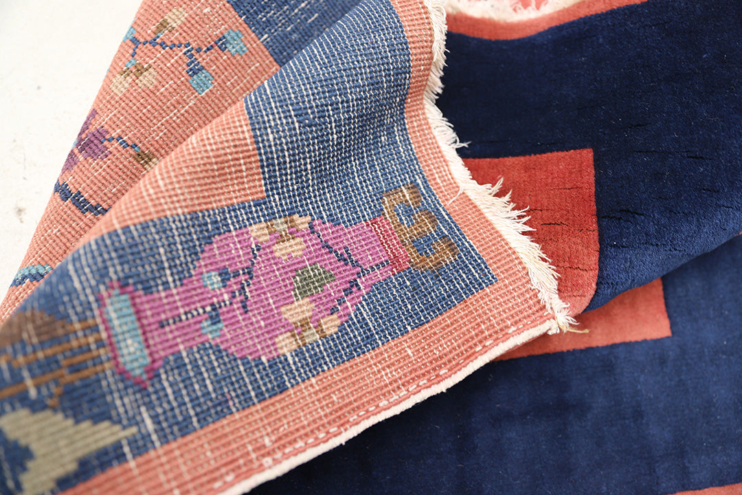 2'x4' Red and Navy Blue Floral Chinese Art Deco Rug