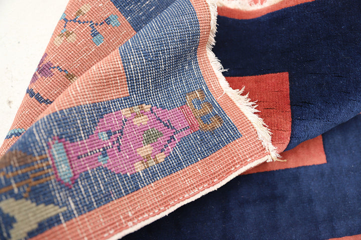 2'x4' Red and Navy Blue Floral Chinese Art Deco Rug