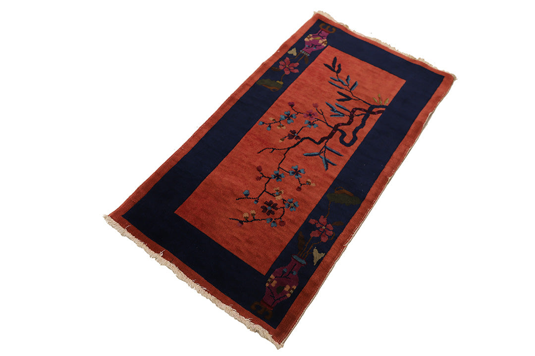 2'x4' Red and Navy Blue Floral Chinese Art Deco Rug