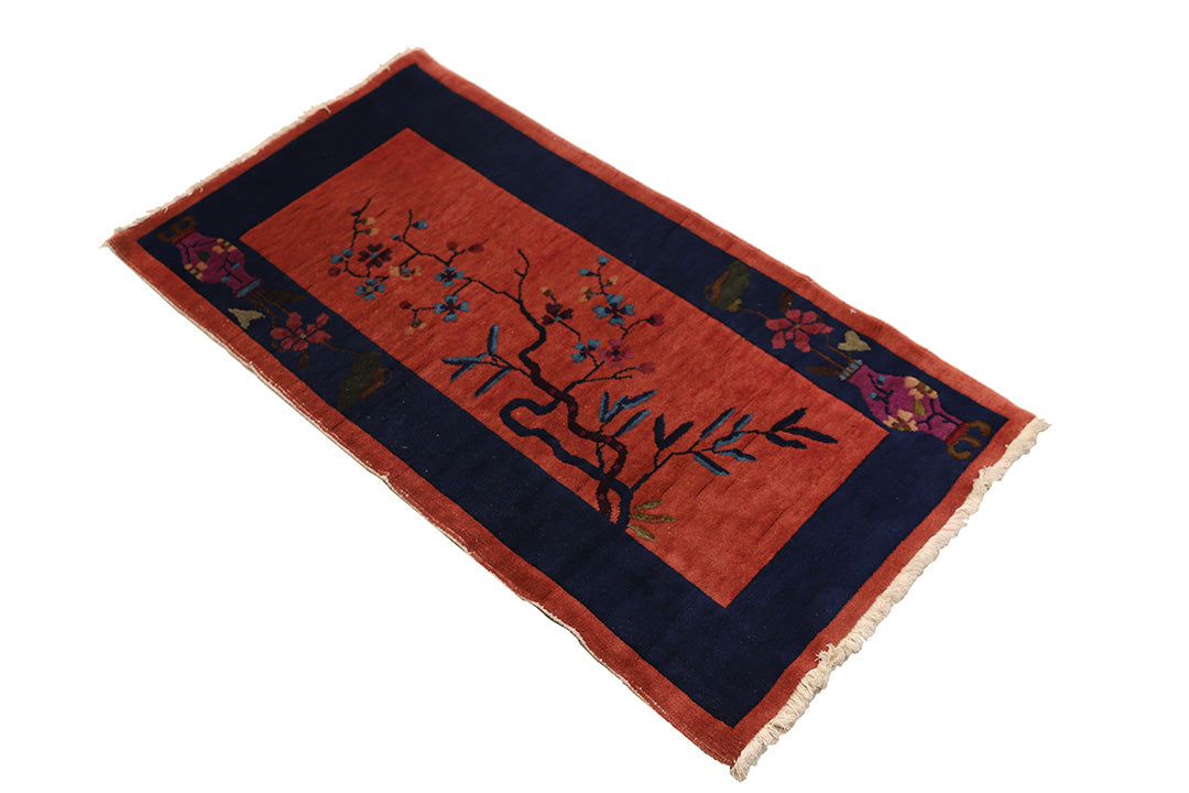 2'x4' Red and Navy Blue Floral Chinese Art Deco Rug