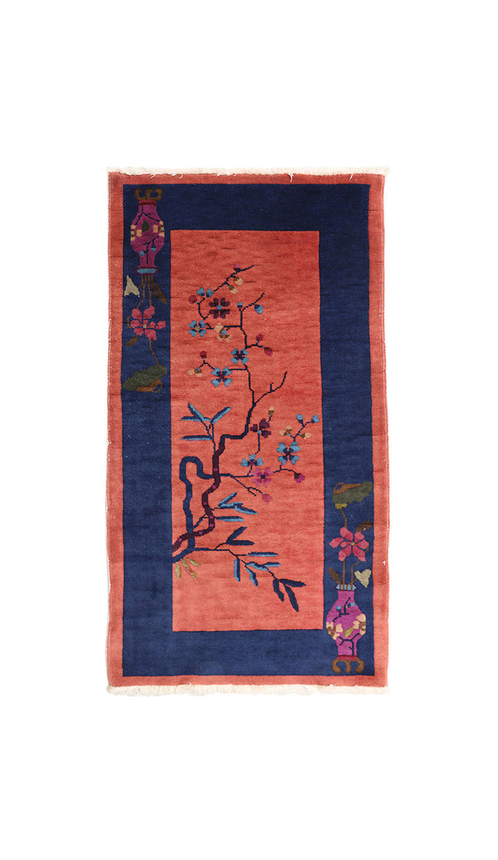2'x4' Red and Navy Blue Floral Chinese Art Deco Rug
