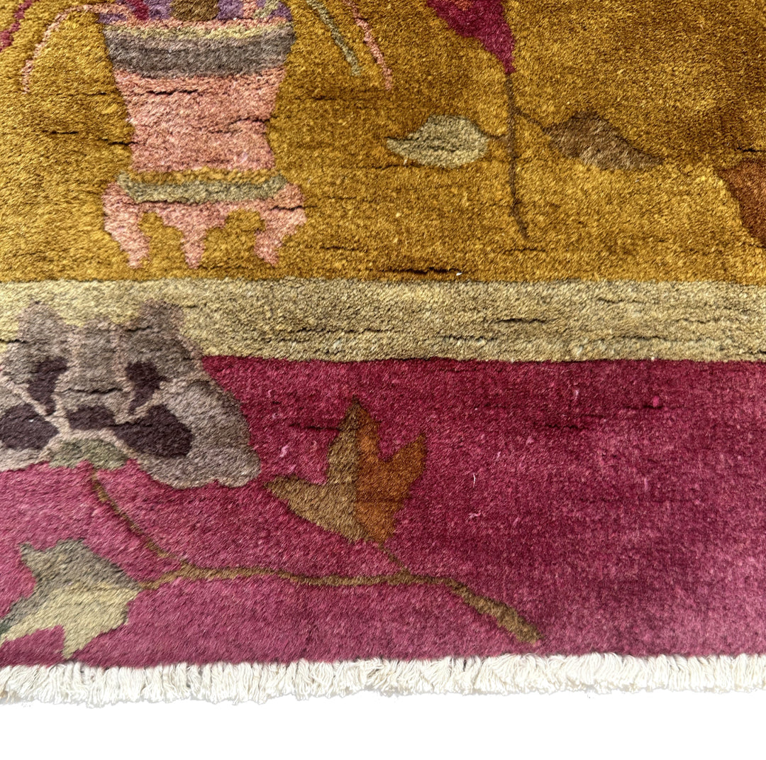 2'x4' Yellow and Pink Floral Chinese Art Deco Wool Rug