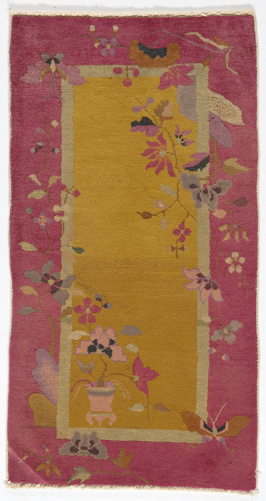 2'x4' Yellow and Pink Floral Chinese Art Deco Wool Rug