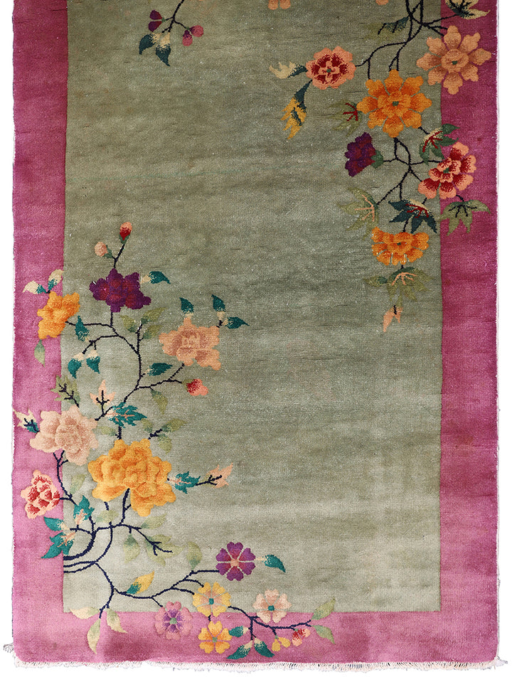 3'x5' Art Deco Rug | Chinese | Floral | Vintage | Green, Pink