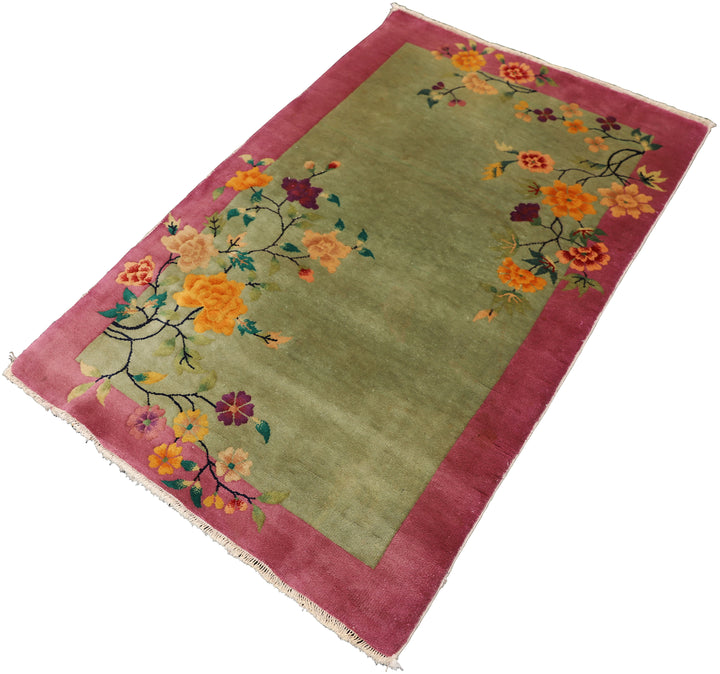 3'x5' Art Deco Rug | Chinese | Floral | Vintage | Green, Pink