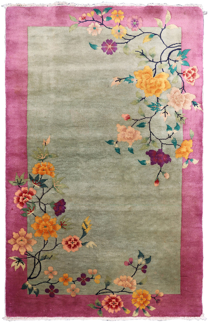 3'x5' Art Deco Rug | Chinese | Floral | Vintage | Green, Pink