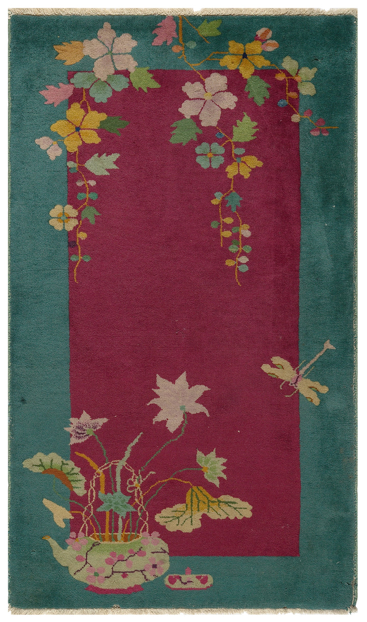 3'x5' Magenta Red and Green Floral Chinese Art Deco Wool Rug