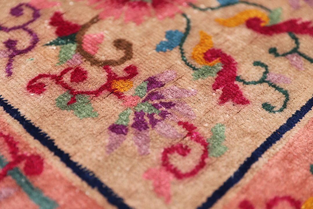3'x5' Vintage Chinese Art Deco Floral Rug | Hand-Knotted Wool