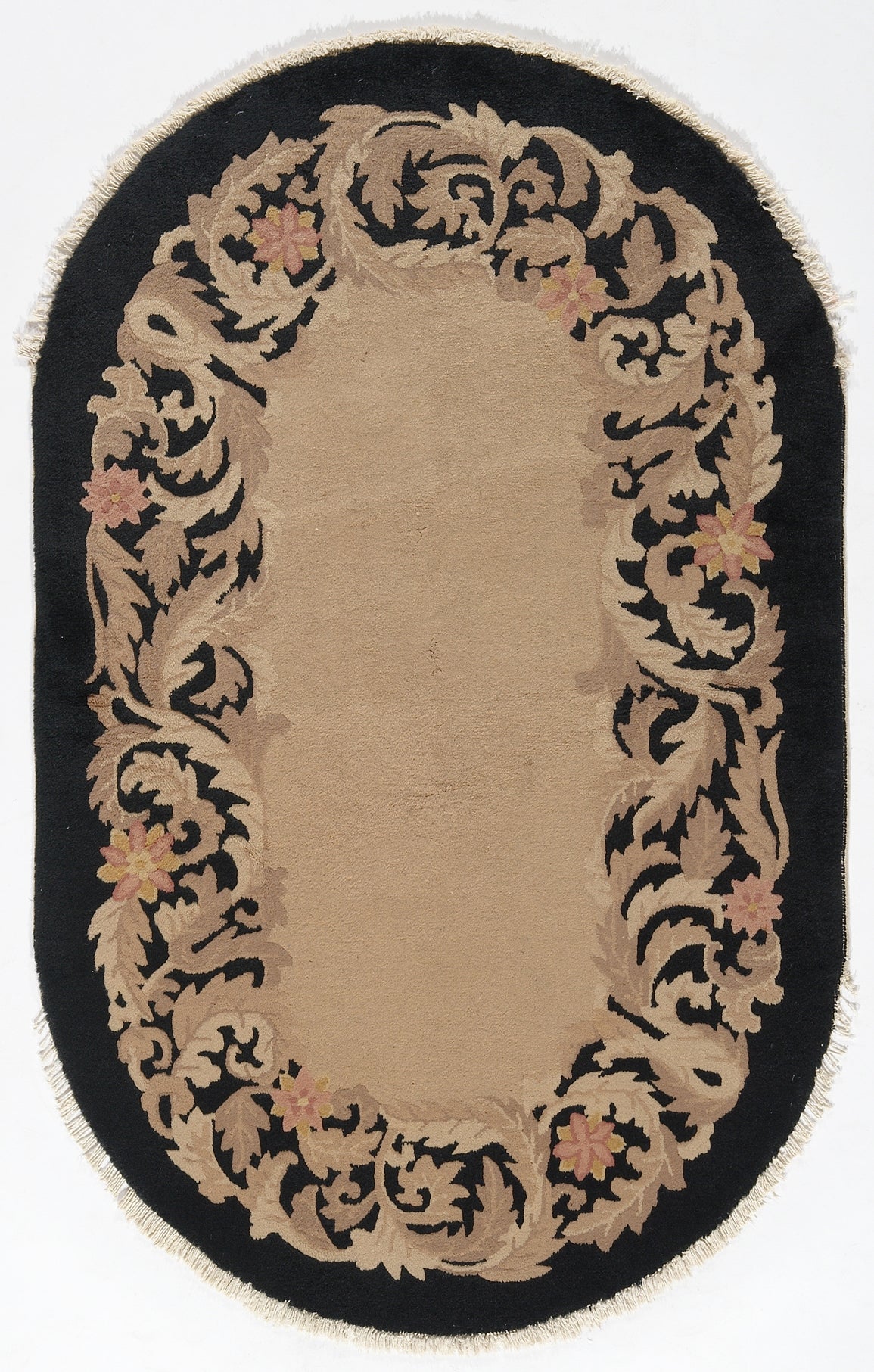 3'x5' Oval Black and Beige Chinese Art Deco Rug