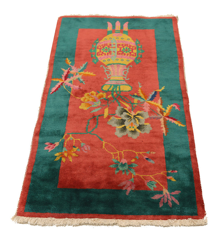 2'x4' Small Red and Green Floral Chinese Art Deco Rug