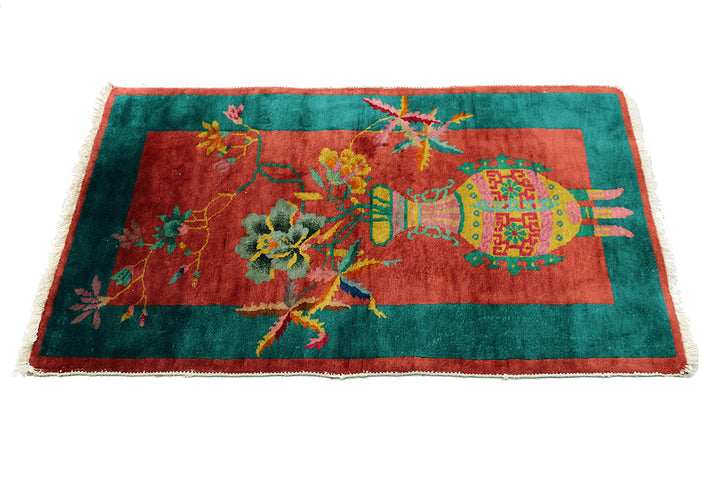 2'x4' Small Red and Green Floral Chinese Art Deco Rug