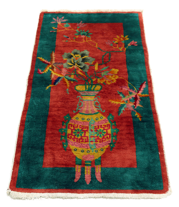 2'x4' Small Red and Green Floral Chinese Art Deco Rug