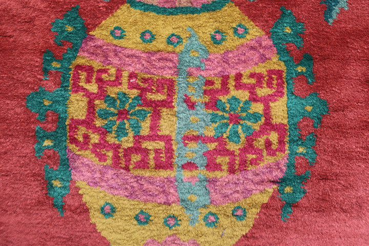 2'x4' Small Red and Green Floral Chinese Art Deco Rug