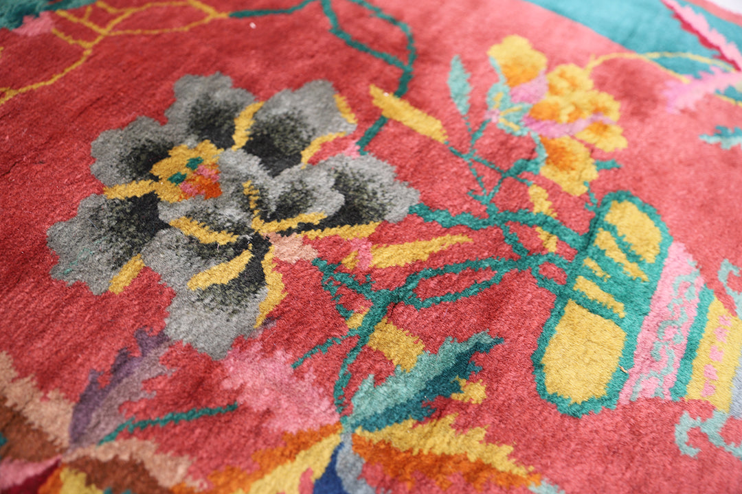2'x4' Small Red and Green Floral Chinese Art Deco Rug