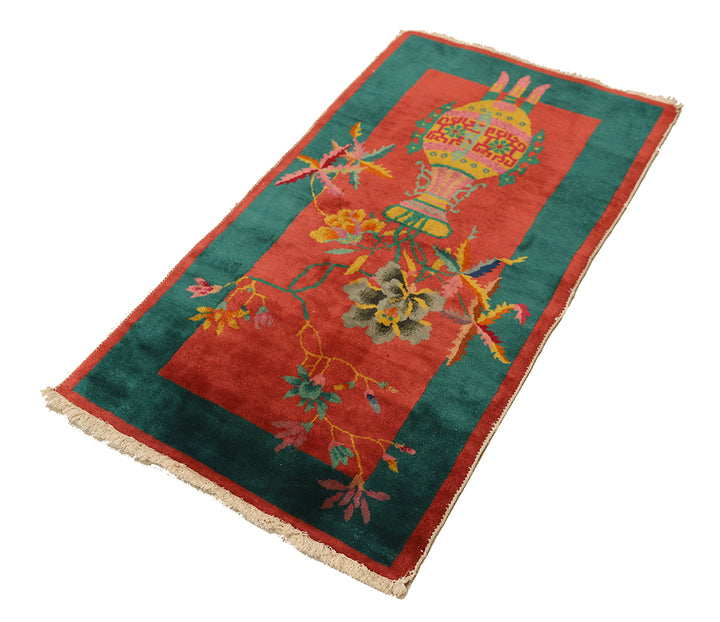2'x4' Small Red and Green Floral Chinese Art Deco Rug