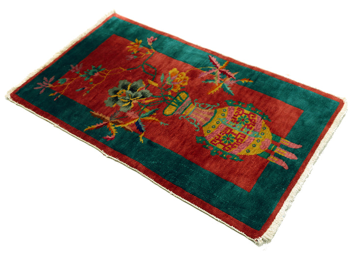 2'x4' Small Red and Green Floral Chinese Art Deco Rug