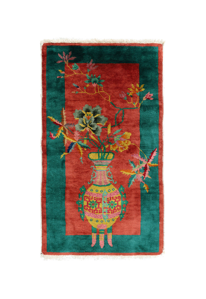 2'x4' Small Red and Green Floral Chinese Art Deco Rug
