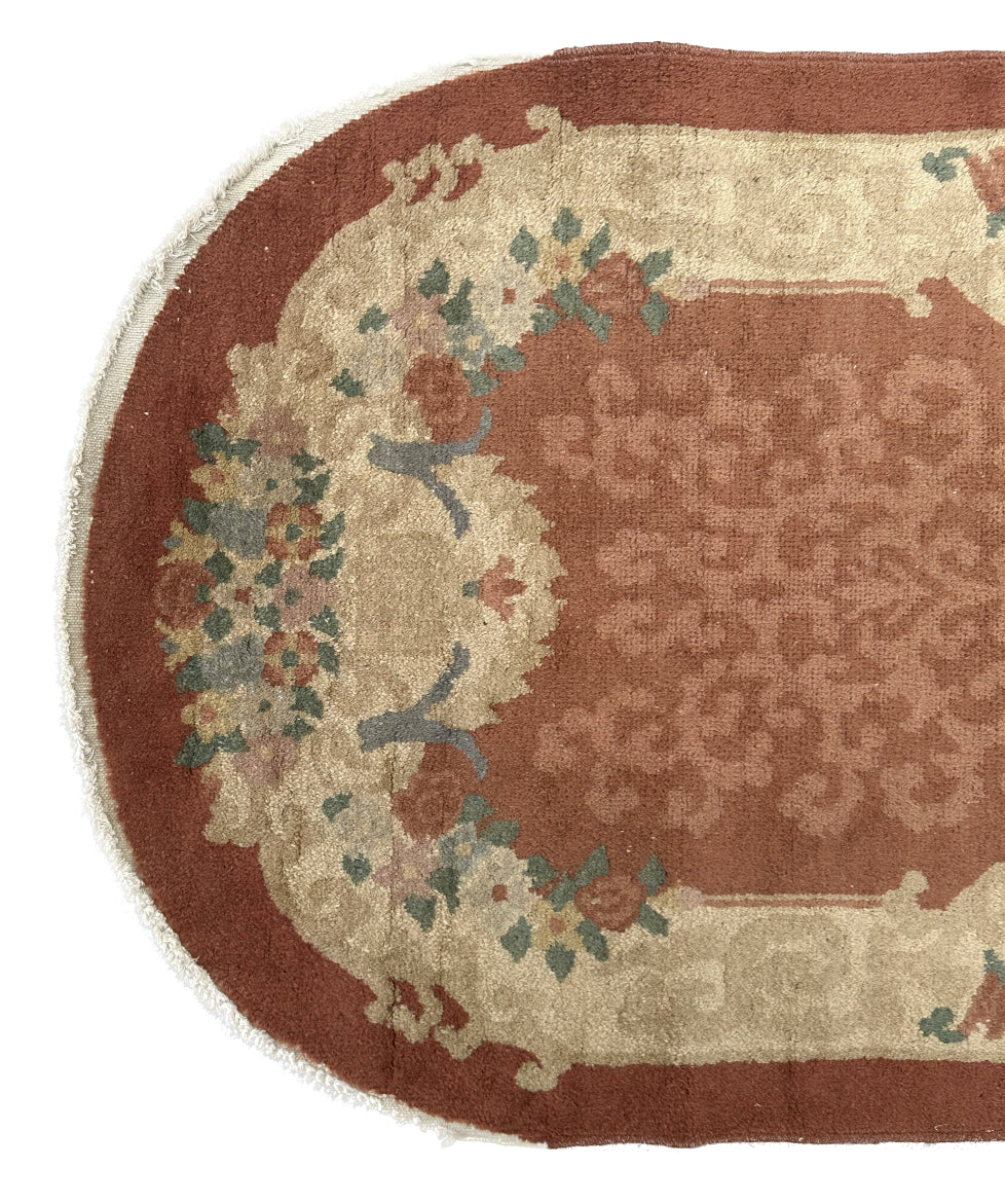 3'x5' Oval Brown and Beige Floral Vintage Chinese Art Deco Rug