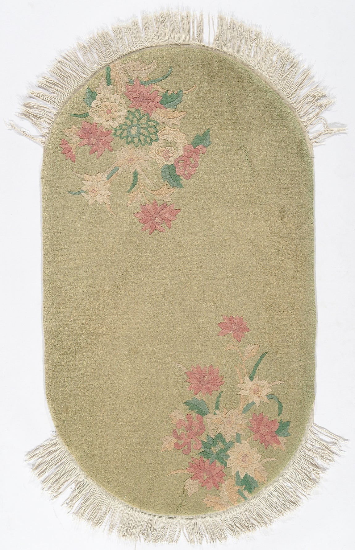 3'x5' Oval Light Green Floral Chinese Art Deco Rug