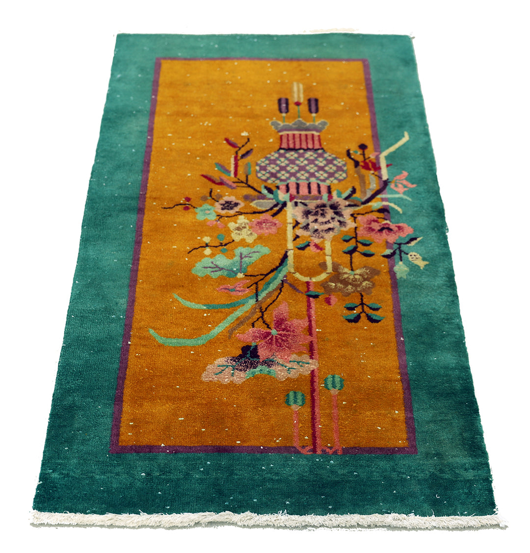 2'x4' Small Rug | Orange & Green Vintage Chinese Art Deco Rug