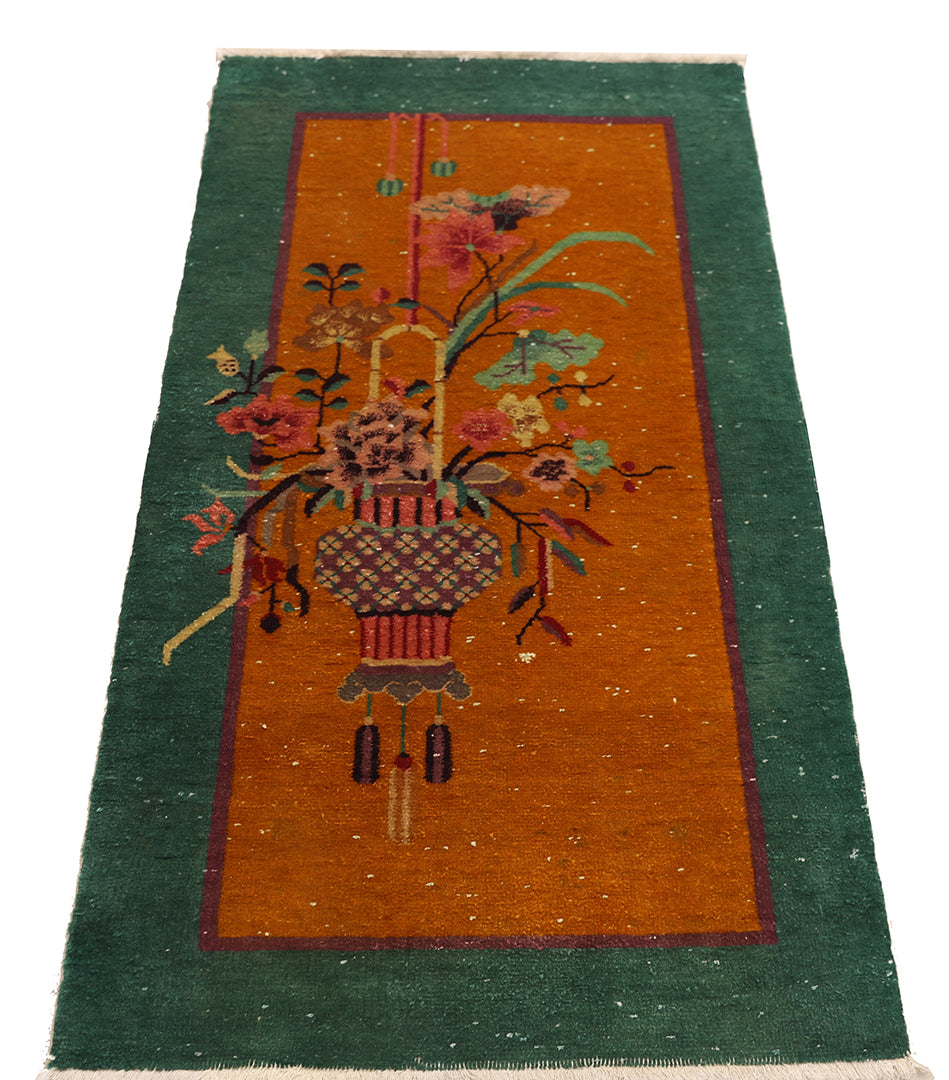 2'x4' Small Rug | Orange & Green Vintage Chinese Art Deco Rug