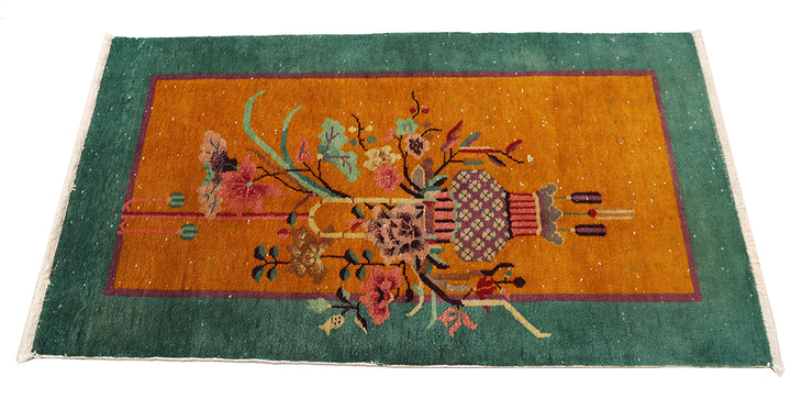 2'x4' Small Rug | Orange & Green Vintage Chinese Art Deco Rug